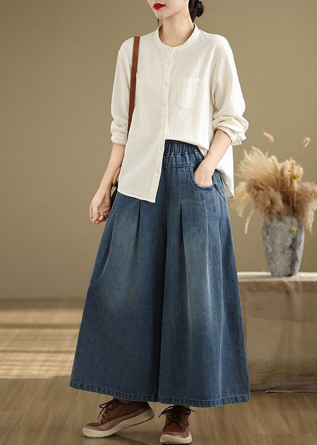Marineblaue elastische Taille Sommer Bein Weite Hose Einzigartiger Wrinkled Denim