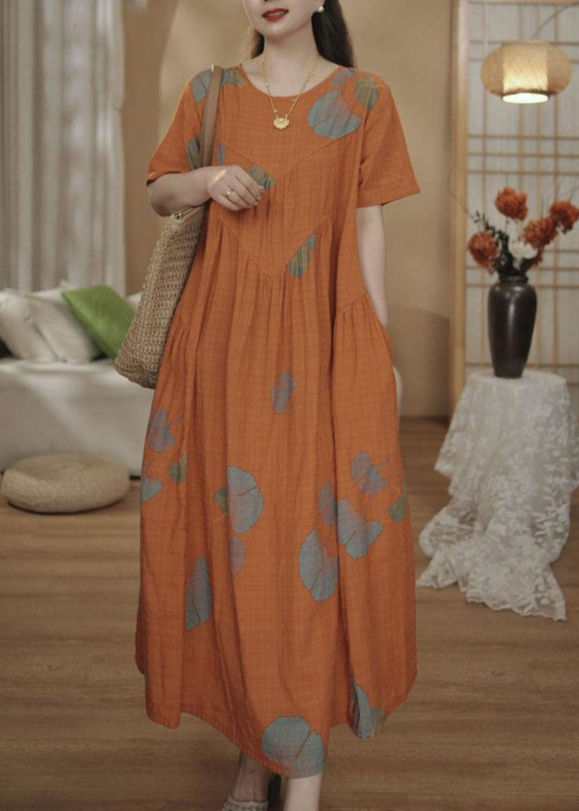 Kleider Unique Orange Baumwolle Oversized Sommer Maxi Print