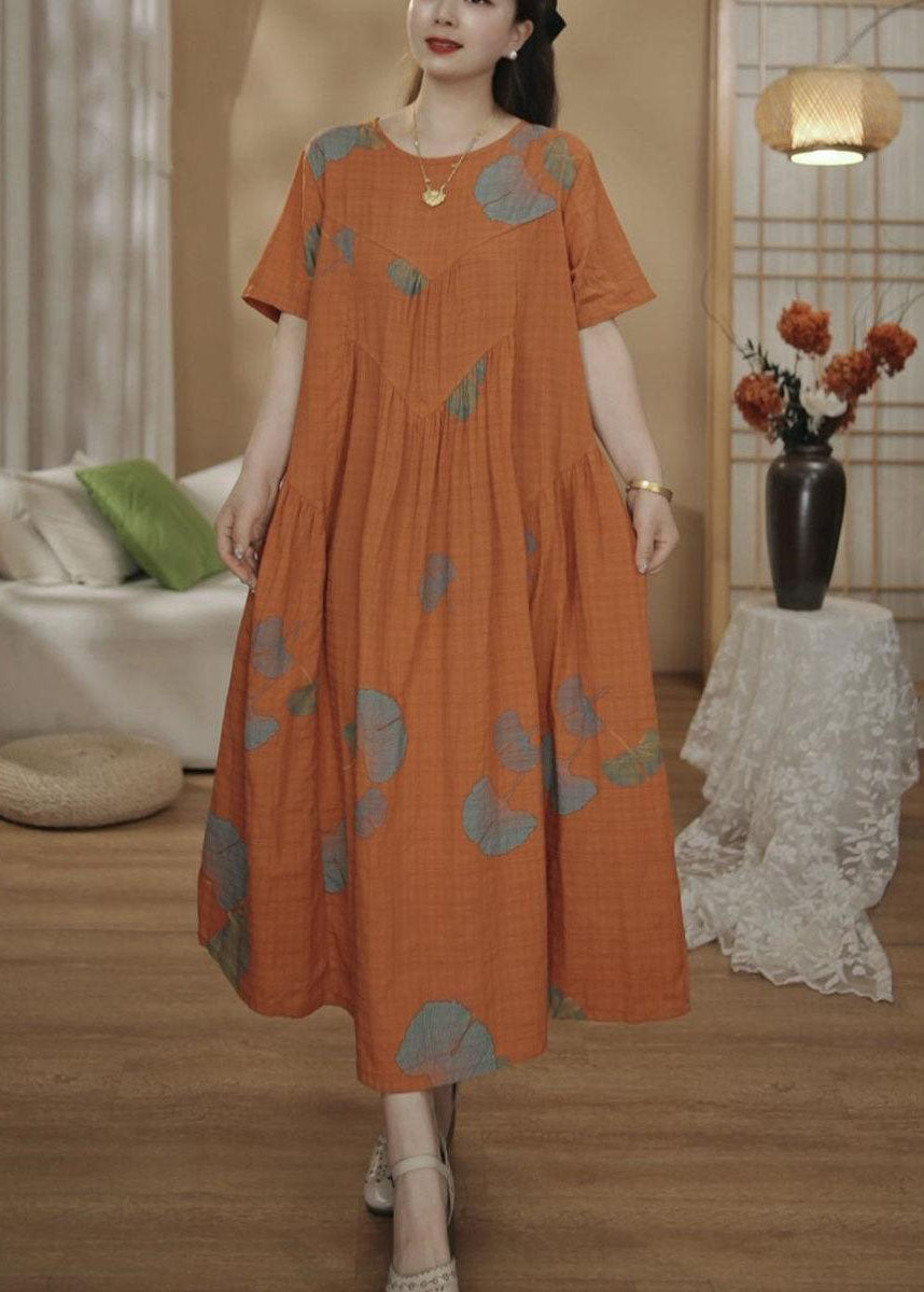 Übergroße Kleider Baumwolle Sommer Druck Maxi Einzigartig Orange