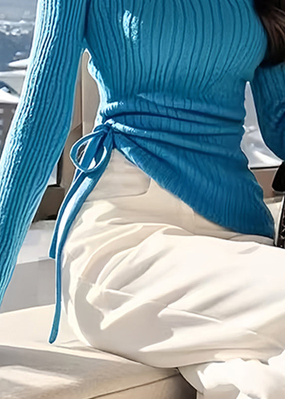 Pull en tricot de coton asymétrique bleu paon unique avec ceinture nouée, printemps TO030