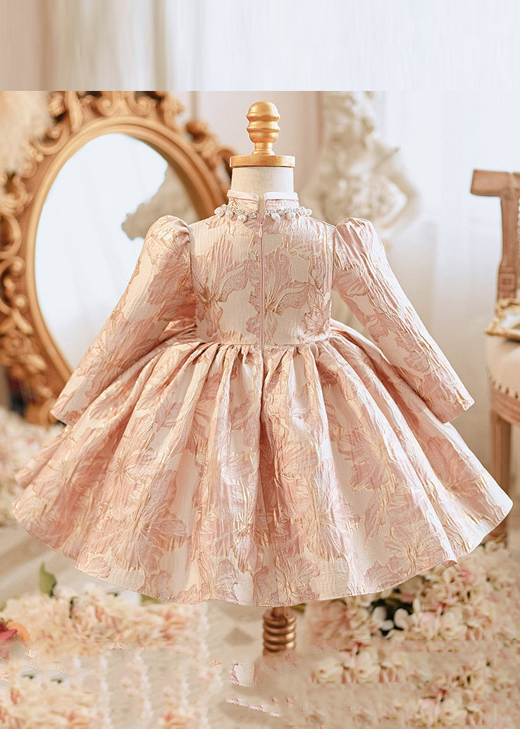 Robe longue unique à manches bouffantes et nœud rose en patchwork de perles pour filles, RP038