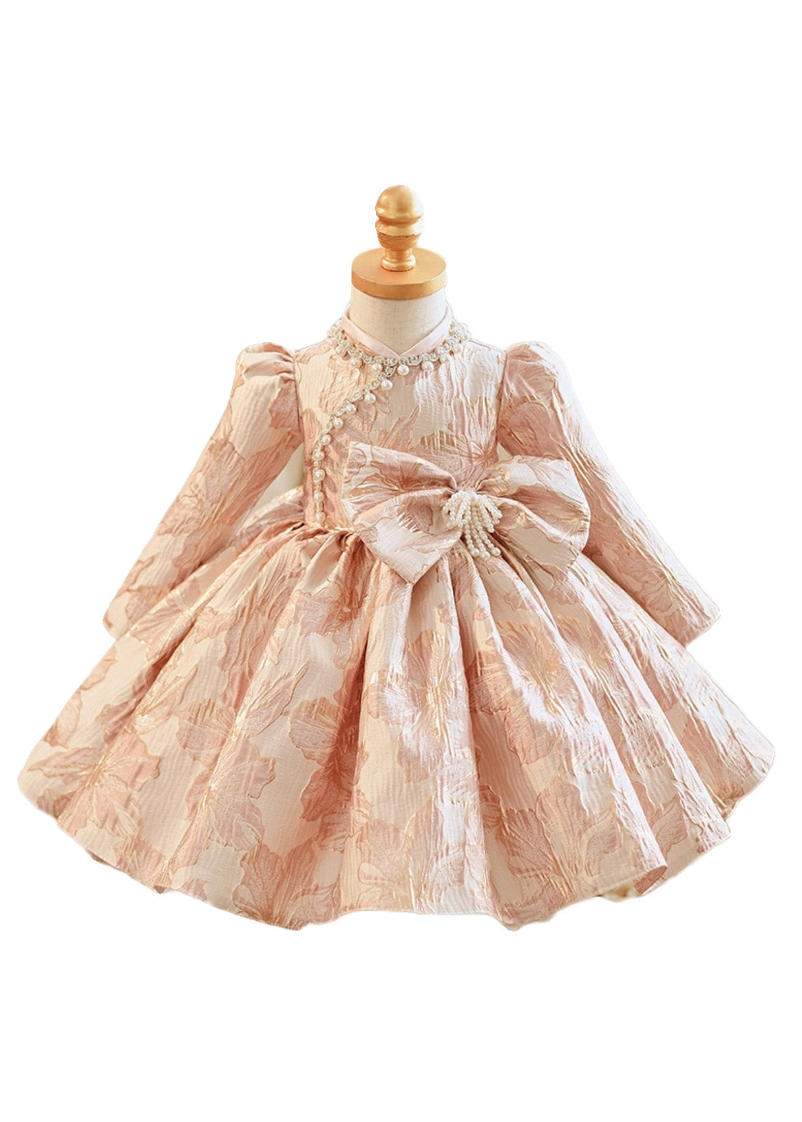 Robe longue unique à manches bouffantes et nœud rose en patchwork de perles pour filles, RP038