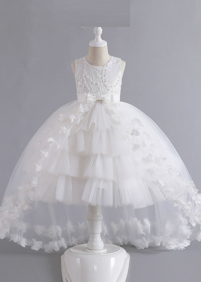 Einzigartiges rosa Blumen Patchwork Tüll Kinder Maxikleid ärmellos YE012