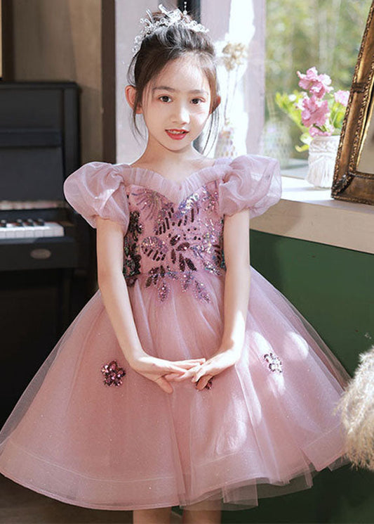 Robe longue en tulle à paillettes roses et manches bouffantes pour enfant YE004