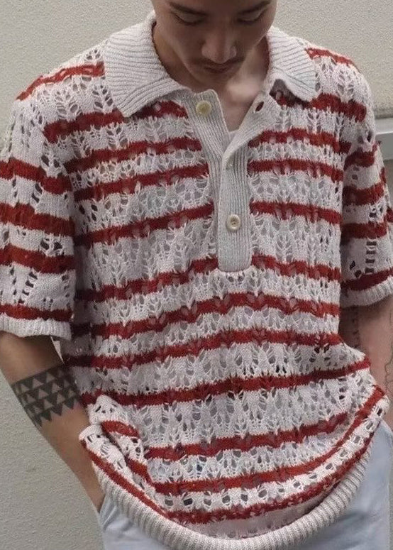 Polos en tricot ajouré à rayures rouges uniques pour l'été QH005