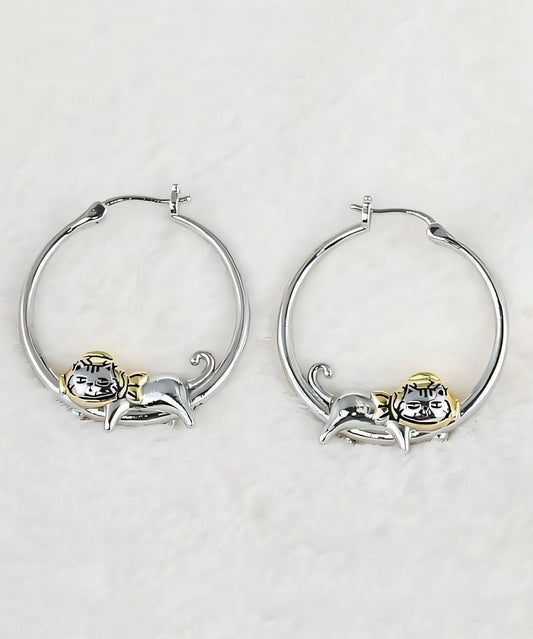 Boucles d'oreilles créoles uniques en soie et cuivre, petits chats, YA013