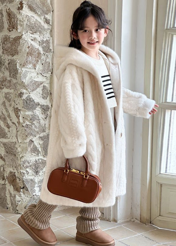 Manteau à capuche en velours de vison pour enfant, bouton blanc unique, hiver TG017
