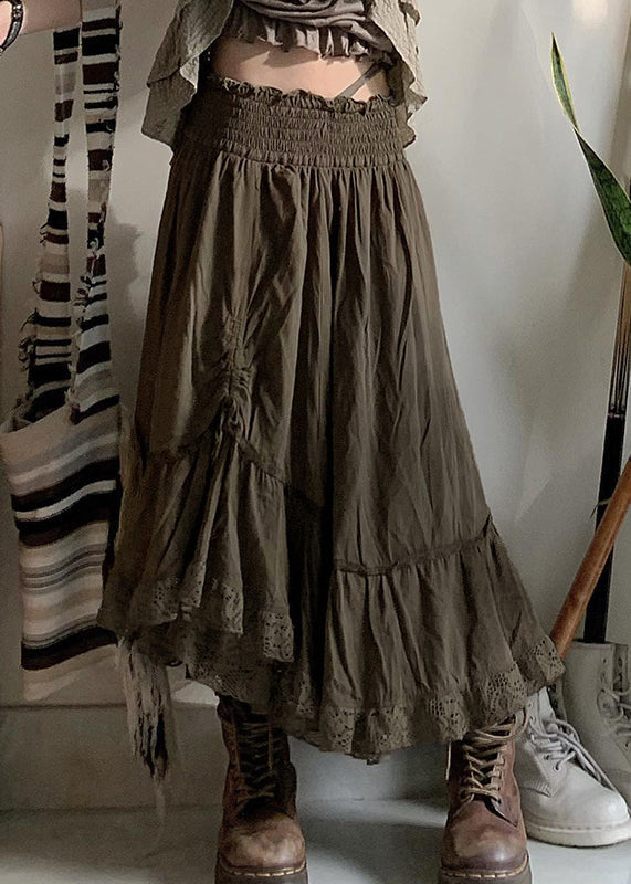 Jupes en coton vert armée vintage à volants et taille élastique cintrée Automne QA013