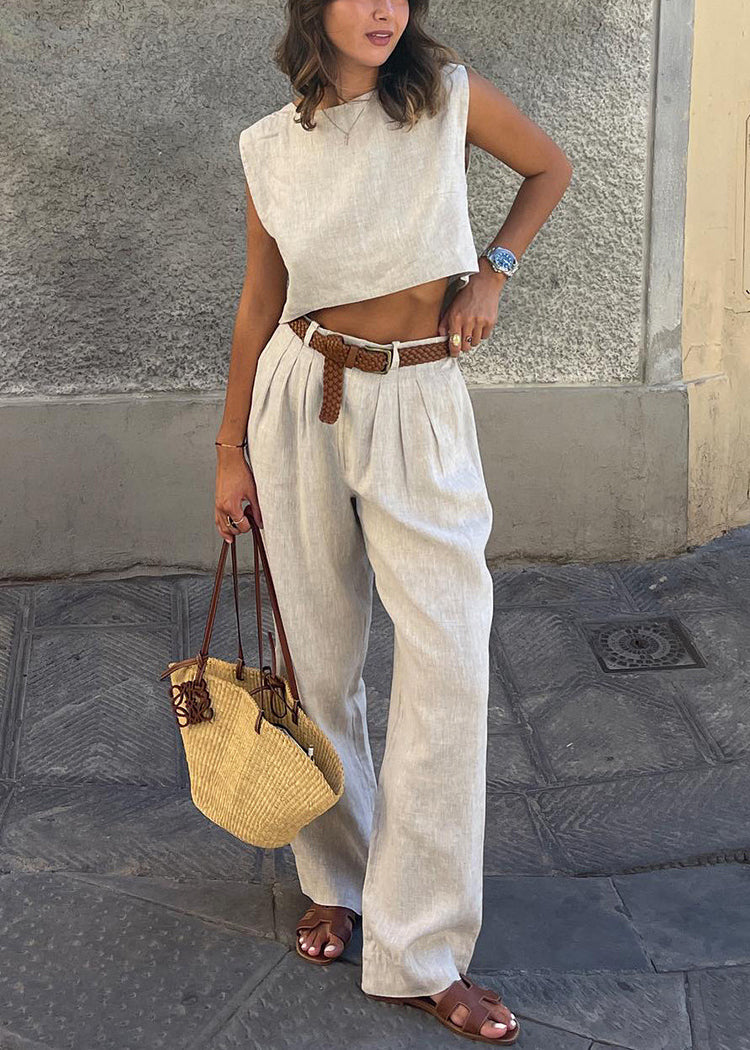 Ensemble deux pièces pantalon vintage gilet lin beige large