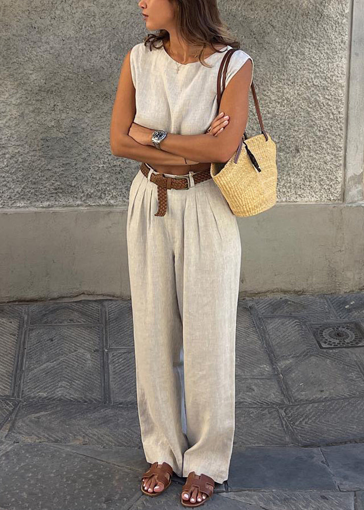 Ensemble deux pièces pantalon vintage gilet lin beige large