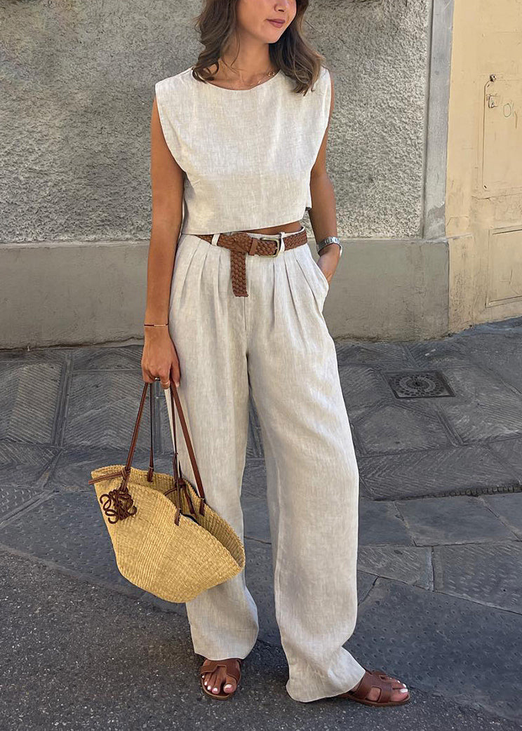 Ensemble deux pièces pantalon vintage gilet lin beige large