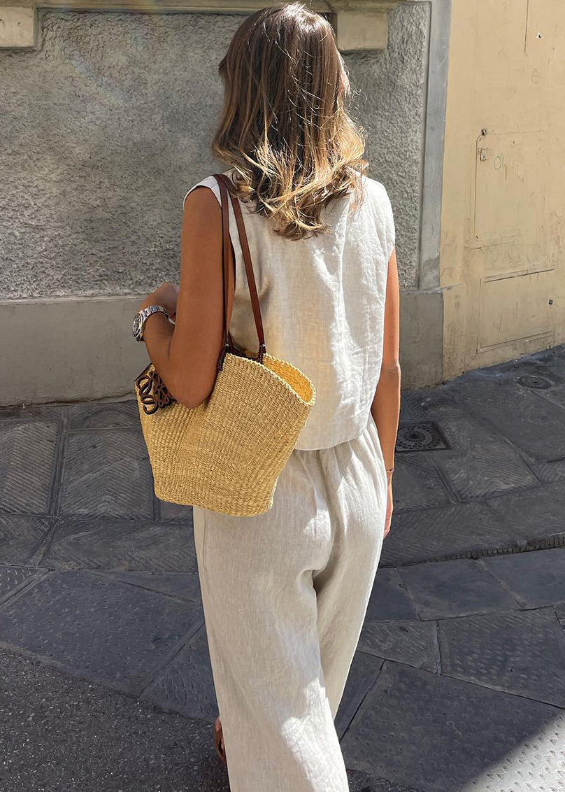 Ensemble deux pièces pantalon vintage gilet lin beige large