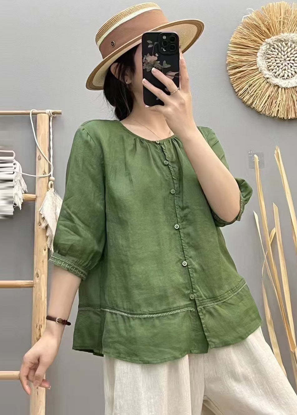 Baumwollshirt Patchwork Top Sommer Beige O-Ausschnitt Vintage