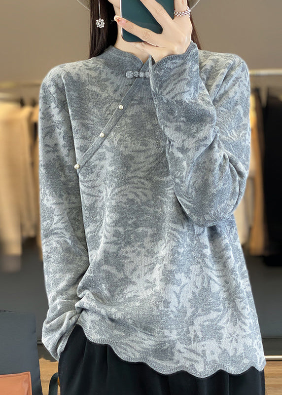 Vintage Beige Stehkragen Jacquard Wollpullover Frühling TQ011