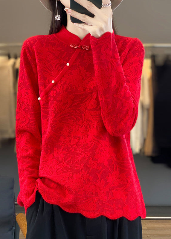 Vintage Beige Stehkragen Jacquard Wollpullover Frühling TQ011