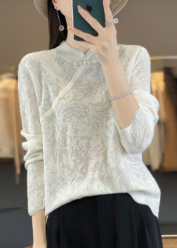 Vintage Beige Stehkragen Jacquard Wollpullover Frühling TQ011