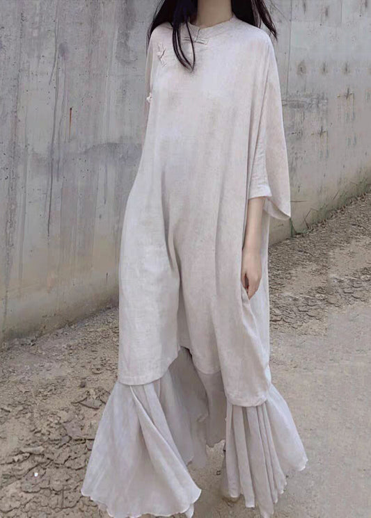 Robe longue vintage beige à col montant et boutons orientaux en lin, manches bracelet, RU032