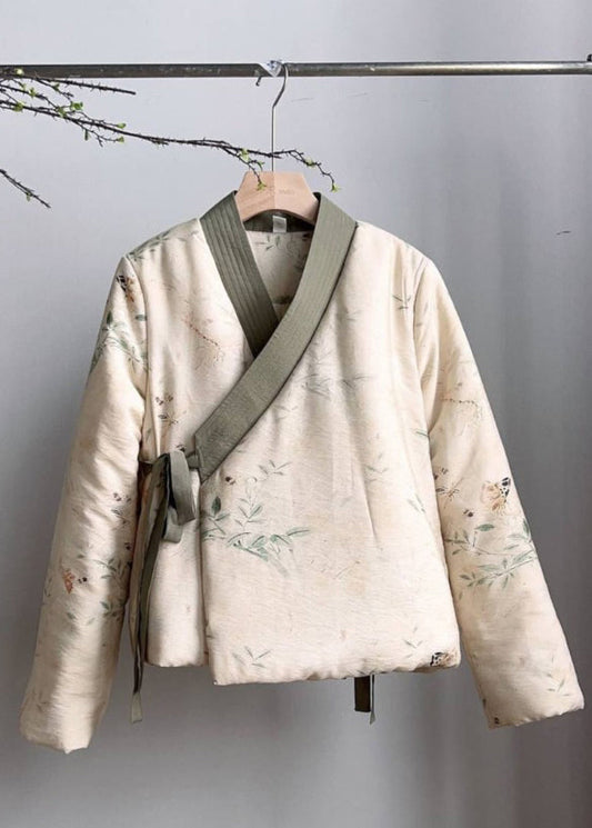 Manteau vintage beige à col en V et lacets en coton fin, printemps TJ030