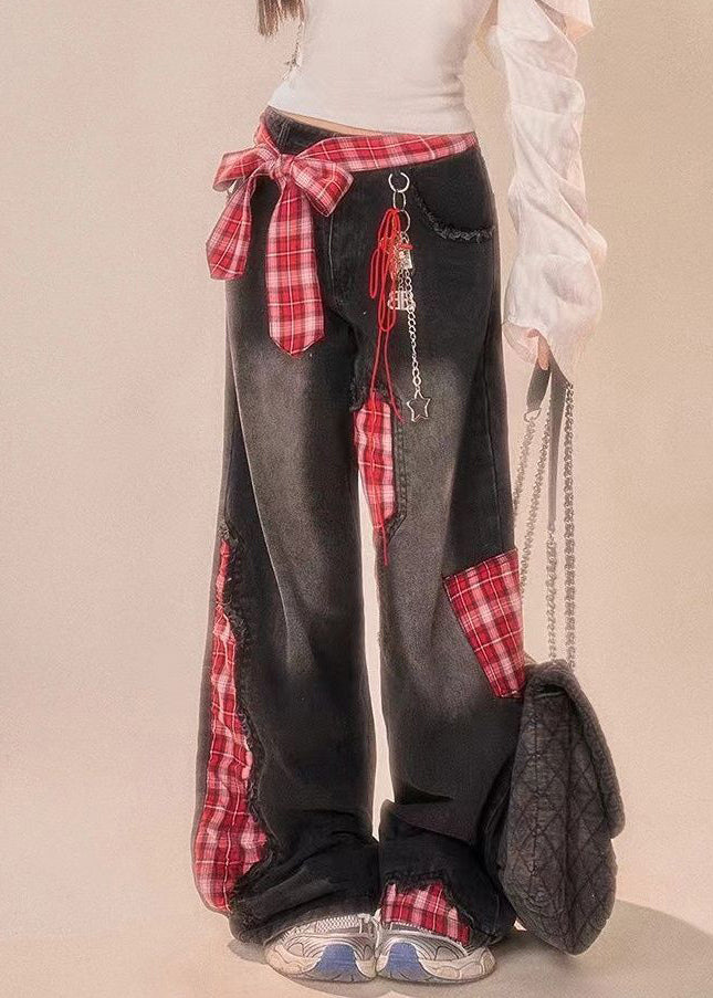 Pantalon d'été en denim noir large à carreaux avec nœud et patchwork vintage