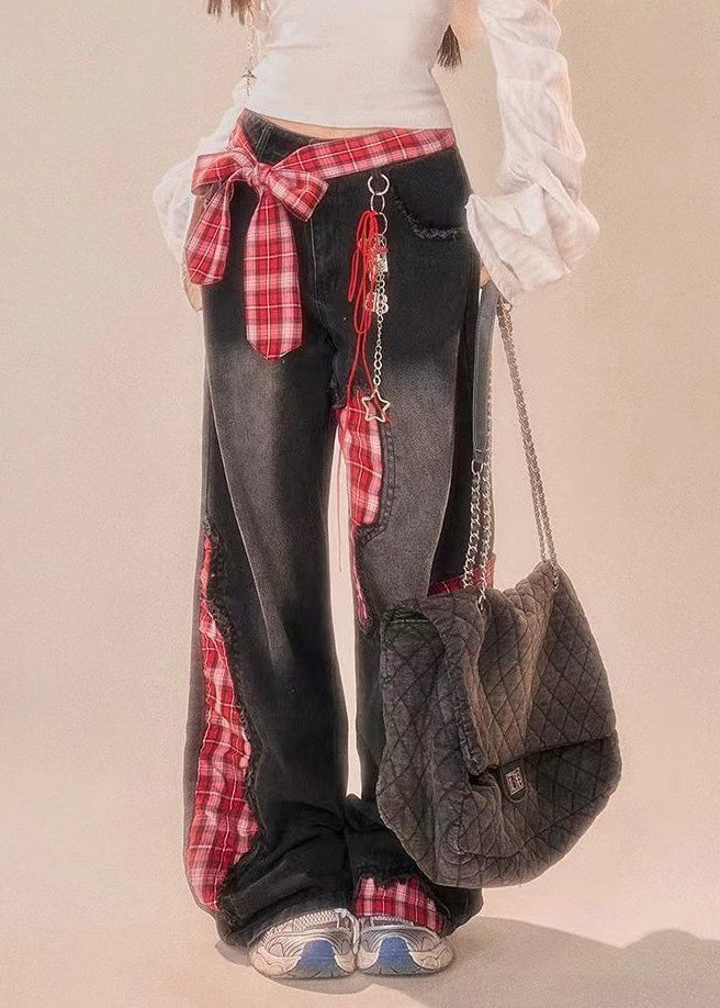 Pantalon d'été en denim noir large à carreaux avec nœud et patchwork vintage