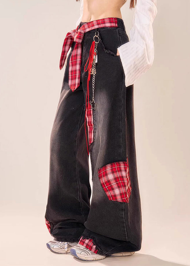 Pantalon d'été en denim noir large à carreaux avec nœud et patchwork vintage