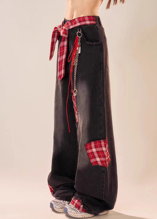 Pantalon d'été en denim noir large à carreaux avec nœud et patchwork vintage