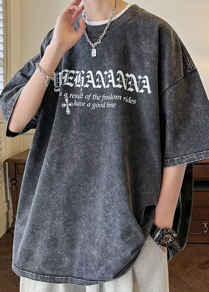 Men's Letter Half Vintage Cotton O Sleeve Black Neck Shirts T