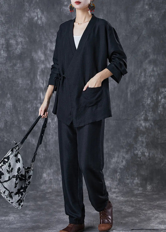 Vintage Black Oversized Tie Waist Linen Two Pieces Set Fall Ada Fashion