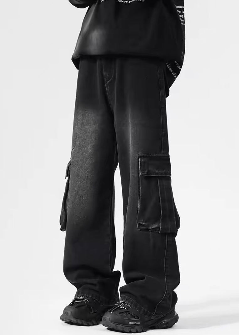 Pantalon vintage en denim noir à poches hautes pour homme, taille printemps
