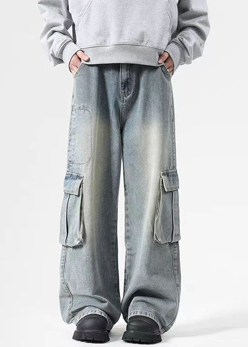Pantalon vintage en denim noir à poches hautes pour homme, taille printemps