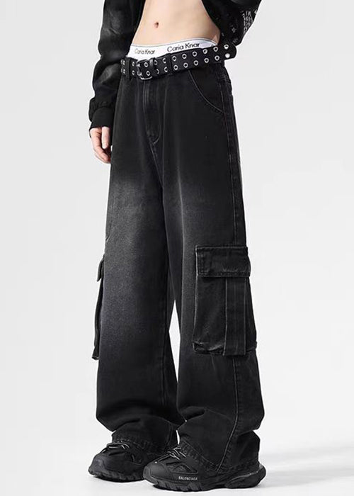 Pantalon vintage en denim noir à poches hautes pour homme, taille printemps