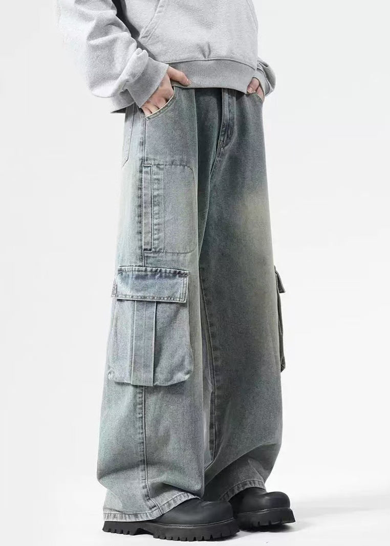 Pantalon vintage en denim noir à poches hautes pour homme, taille printemps