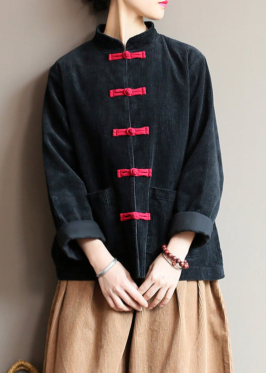 Manteau vintage en velours côtelé noir à col montant et boutons orientaux, printemps TI009