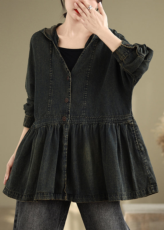 V Mit Kapuze Hals Taschen Vintage Faltig Mäntel Denim Schwarz Herbst