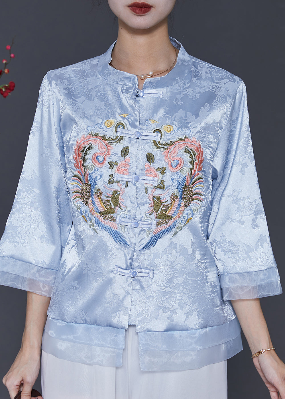 Vintage Blue Embroidered Patchwork Oriental Silk Blouses Spring SD1039