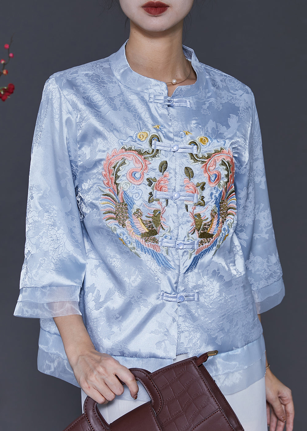 Vintage Blue Embroidered Patchwork Oriental Silk Blouses Spring SD1039
