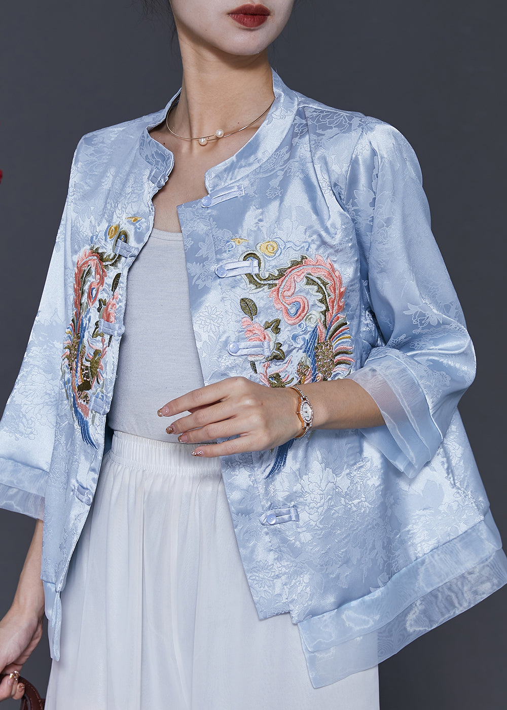 Vintage Blue Embroidered Patchwork Oriental Silk Blouses Spring SD1039