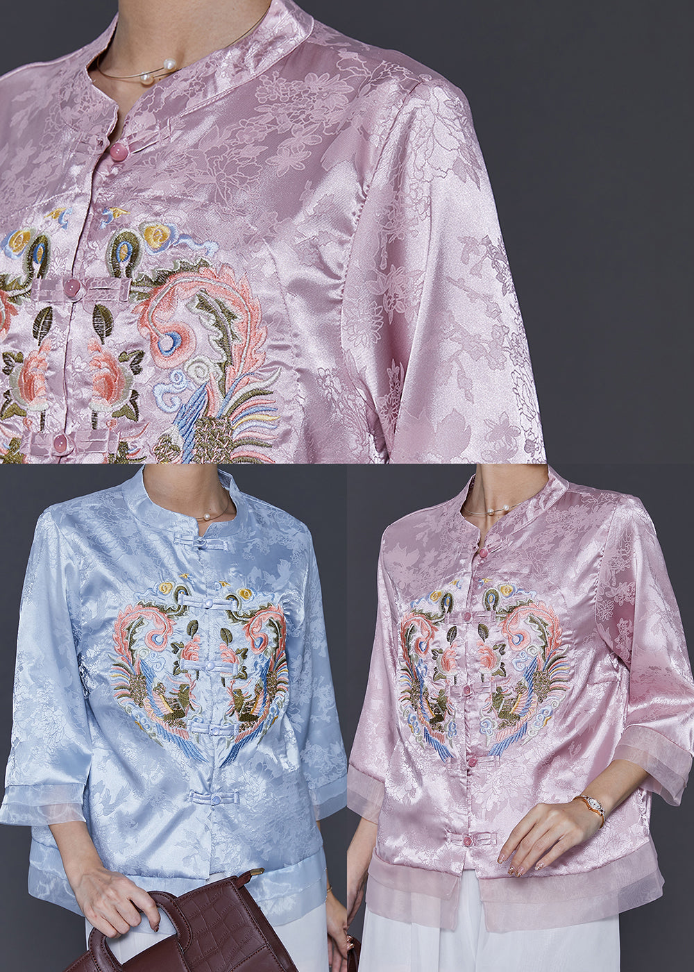 Vintage Blue Embroidered Patchwork Oriental Silk Blouses Spring SD1039