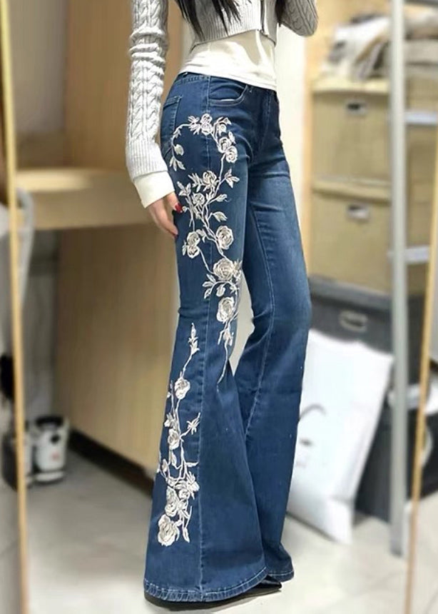 Pantalon évasé vintage brodé en denim avec poches bleu printemps