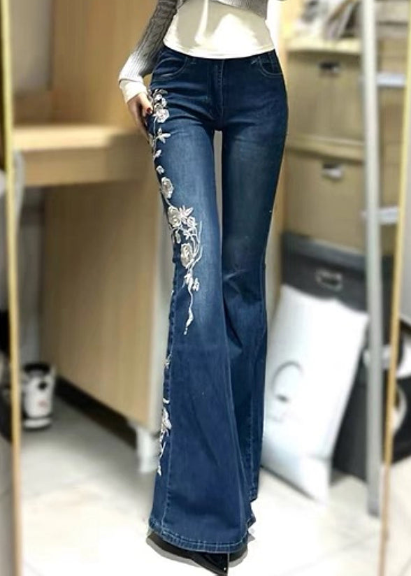 Pantalon évasé vintage brodé en denim avec poches bleu printemps