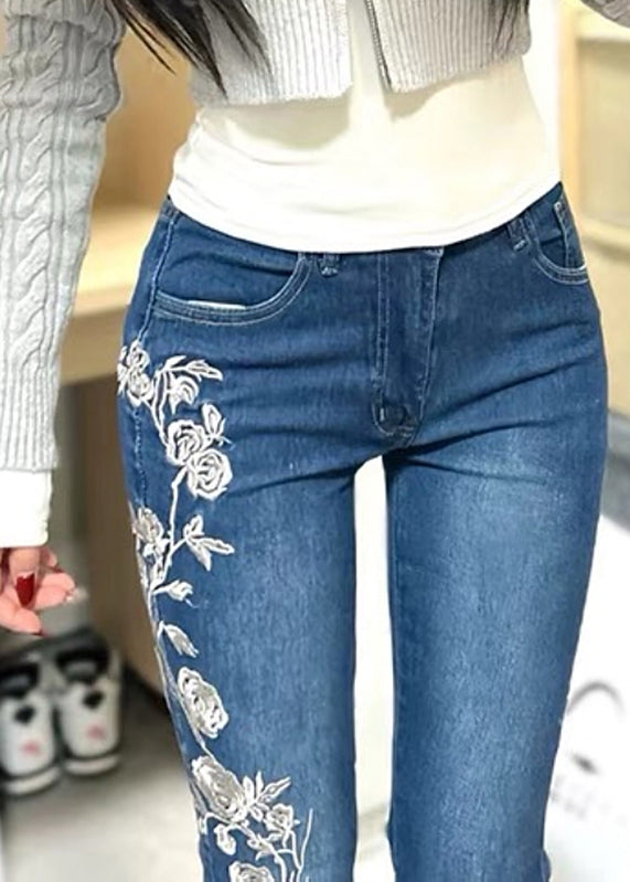 Pantalon évasé vintage brodé en denim avec poches bleu printemps
