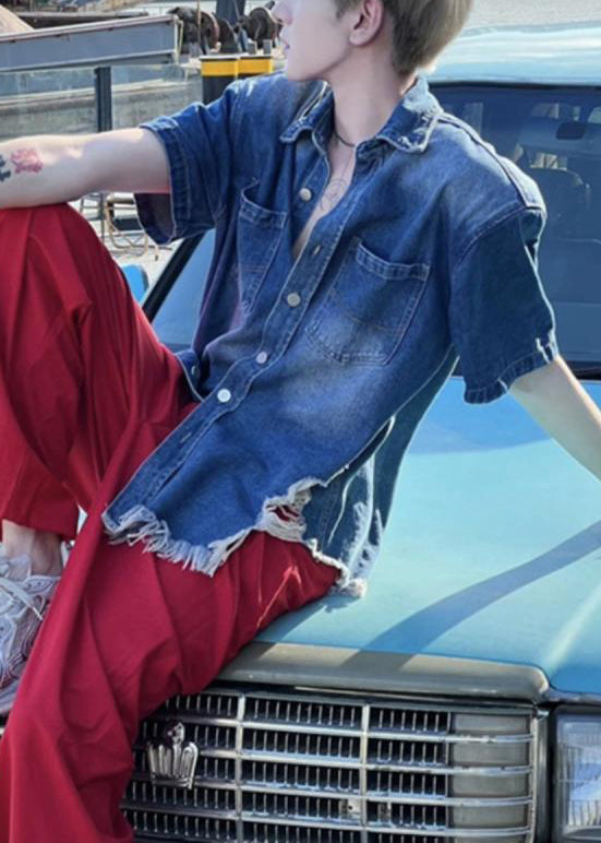 Vintage Button Denim Shirts Sommer herren Blau Loch