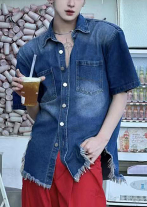 Vintage Button Denim Shirts Sommer herren Blau Loch