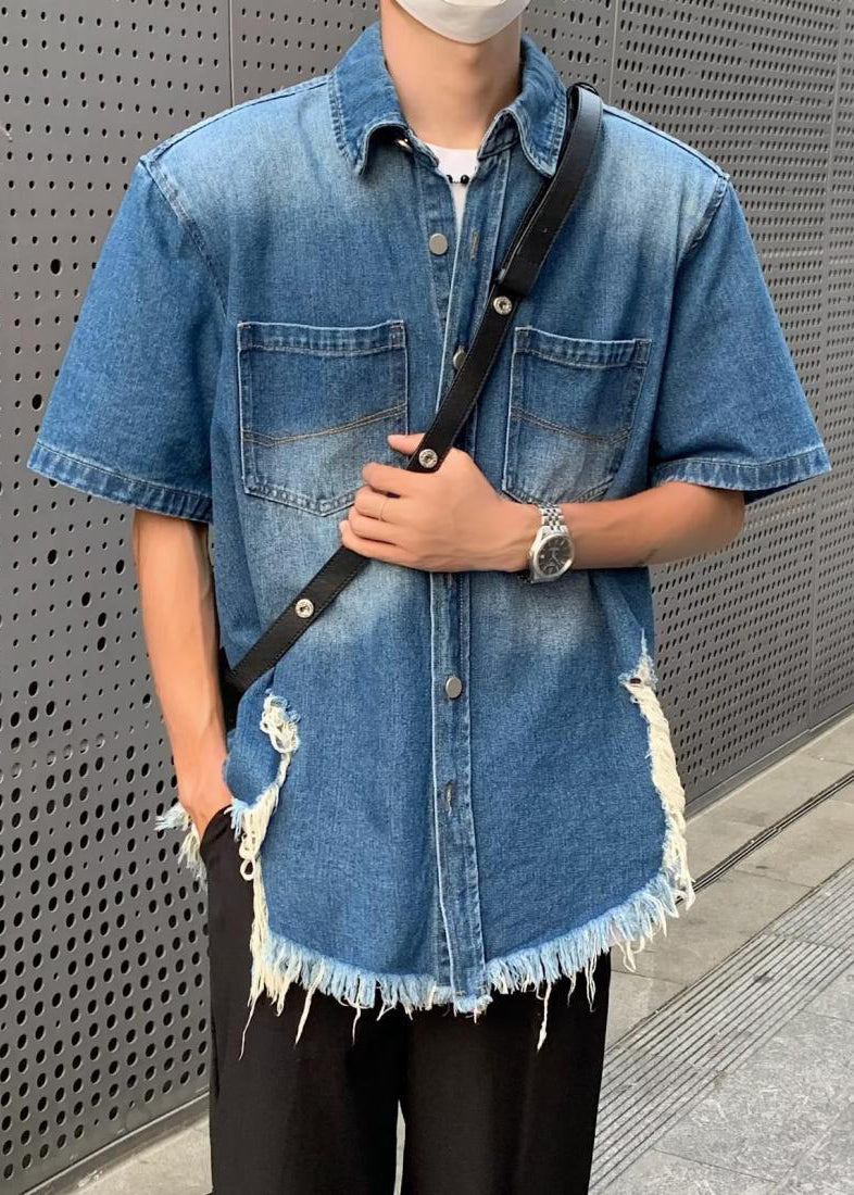 Vintage Button Denim Shirts Sommer herren Blau Loch