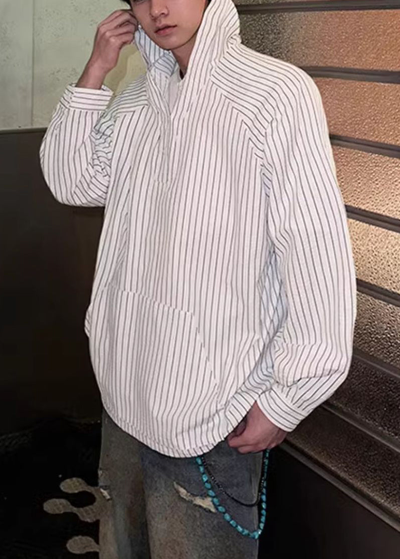 Button Vintage Shirts Frühling Herren Gestreift Kapuze Baumwolle Blau