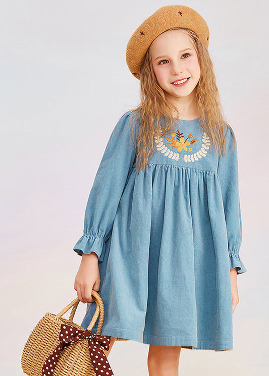Vintage Blau O-Ausschnitt Print Mädchen Mid Kleid Puffärmel YE020