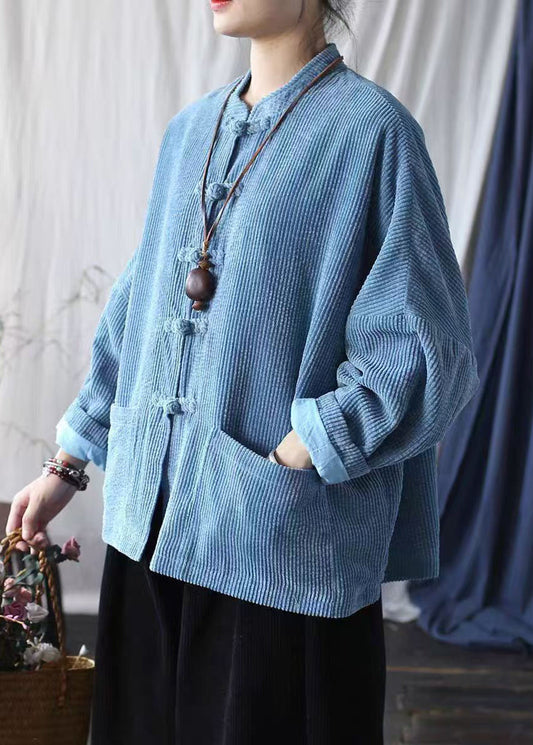 Vintage Blaue Taschen Chinesische Knopf Cordjacke Frühling TJ025