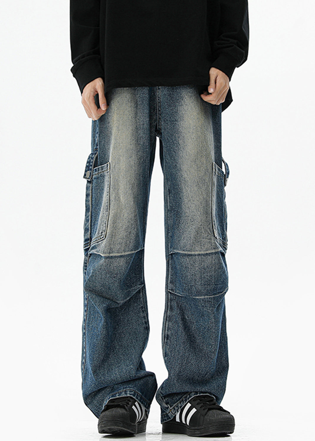 Pantalon homme en denim bleu vintage à poches hautes et taille haute