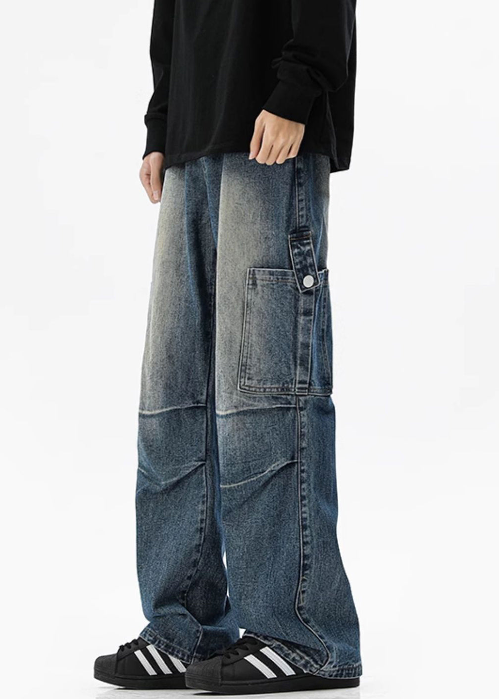 Pantalon homme en denim bleu vintage à poches hautes et taille haute