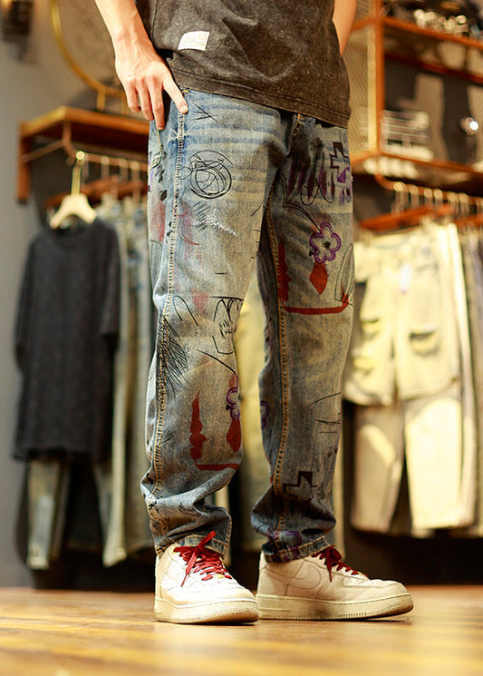 Vintage Blau Druck Patchwork Herren Jeans Sommer SA001